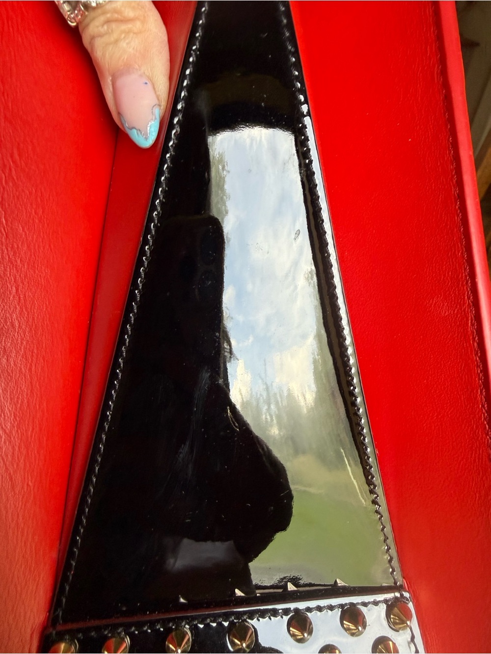 Christian Louboutin Paloma Black Studded Tote with Tan Handles and Red Trim - Picture 6 of 15